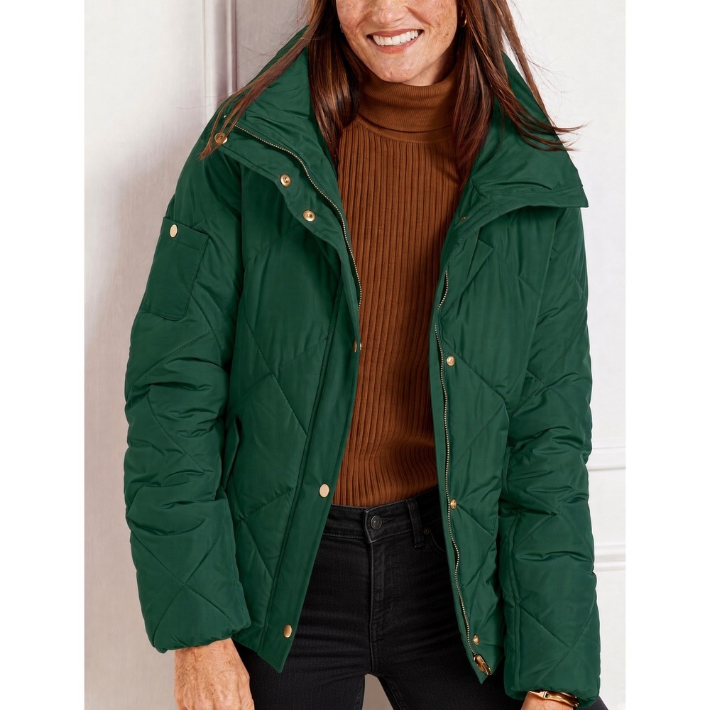 Talbots Puffer Jacket Coat L Diamond Quilted Funnel Neck Hunter Green Winter